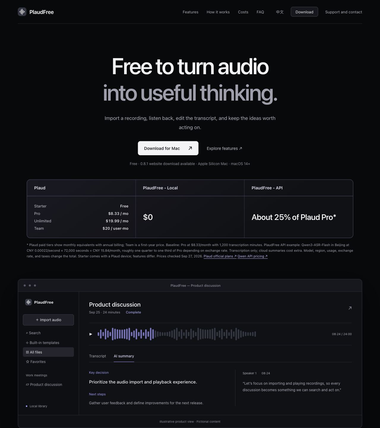 PlaudFree website showing its download, processing options, and illustrative recording workspace.